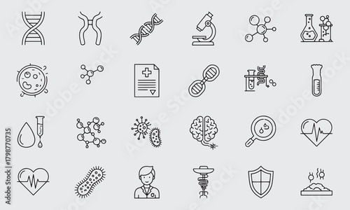 Genetics & Science Icon Set, Editable Vector, Laboratory and DNA Symbols