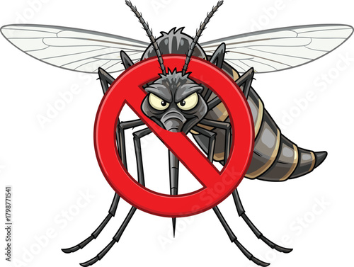Angry mosquito cartoon with red prohibition sign, no mosquito warning symbol, pest control vector illustration for disease prevention, insect protection awareness artwork