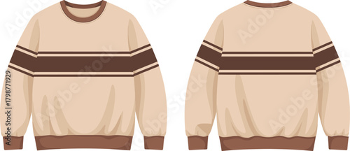 Beige striped sweatshirt front and back flat illustration, casual crewneck pullover design mockup, unisex clothing fashion template warm winter apparel isolated vector