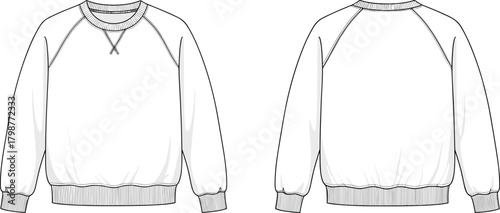 Blank crewneck sweatshirt template front and back view, unisex clothing mockup, fashion technical sketch, casual apparel design, printable garment outline illustration