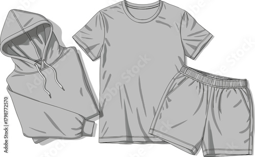 Blank hoodie, t-shirt and shorts mockup set, isolated casual clothing template, fashion apparel front view, streetwear outfit design, editable garment illustration, vector style