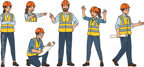 Cartoon construction workers in safety vests, diverse engineering team illustration, professional builders holding blueprints, confident workforce characters 