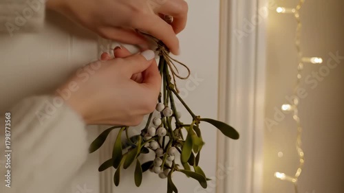 Hands hanging mistletoe with ribbon by door during Christmas season  