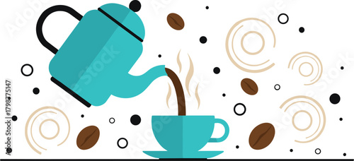 Flat Design Style Coffee Brewing Illustration Pouring Hot Drink from Kettle to Cup Vector