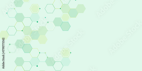 Geometric hexagonal shapes pattern background design. futuristic technology and science elements. hexagon lines and dots on light green background.