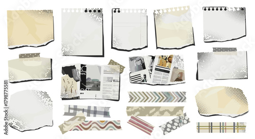 Ripped Paper Cutout Vector Set. Grunge Collage Clipping and Tape Elements.