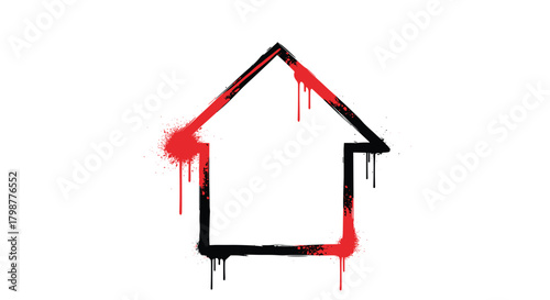 Stylized house outline in graffiti art style, rendered with distressed red and black spray paint effects and drips on a clean white background.
