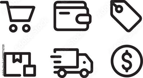 E commerce line icon set shopping cart wallet price tag delivery truck