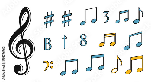 A collection of colorful musical notation symbols including clefs, sharps, natural signs, eighth notes, and beamed notes, in a vector style.