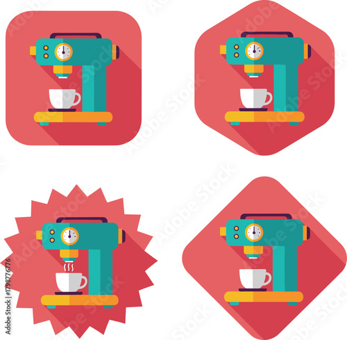 Modern Flat Design Vector Icon Set of an Espresso Machine with Coffee Cup, Presented in Four Different Geometric Shapes with Long Shadow Effect