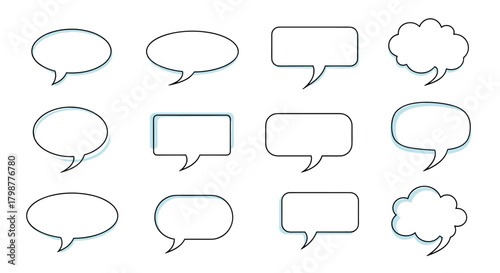 A collection of black and white cartoon speech and thought bubbles with a slight blue shadow effect, arranged in a grid.