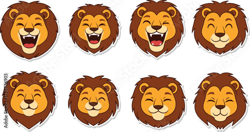 Cute cartoon lion face emoji set with different expressions, friendly animal mascot vector illustration for kids, stickers, emojis, and character design