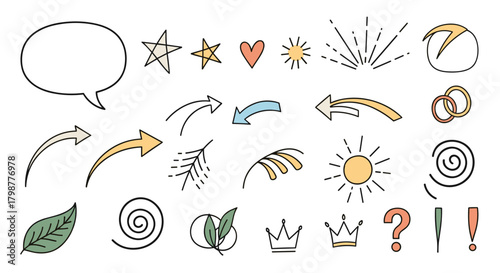 Hand-drawn doodle elements for design, including arrows, stars, hearts, suns, speech bubbles, leaves, crowns, and punctuation marks.