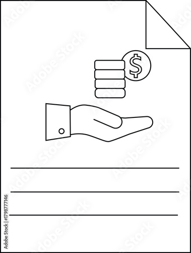 A document shows a hand offering money lines denote writing space