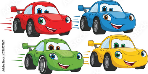 Cute colorful cartoon racing cars with happy smiling faces, kids automotive illustration set, playful vehicle characters for children education, nursery, toys and animation projects