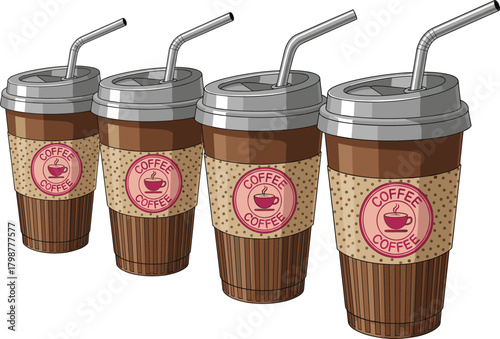 Row of Four Disposable Takeaway Coffee Cups with Metal Straws Vector Illustration