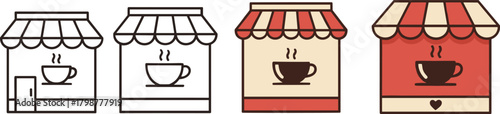 Set of Four Vector Icons Illustrating a Small Coffee Shop Storefront with Awning and a Hot Beverage Cup Symbol, Presented in Line Art and Color Variations