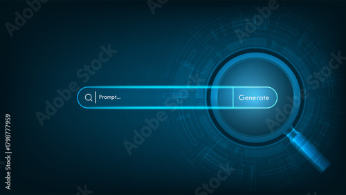 Magnifying glass and AI generative bar on a futuristic background. Concept of Artificial Intelligence. AI Search Engines. Powered SEO optimization. Generate an idea by a prompt. Vector illustration.