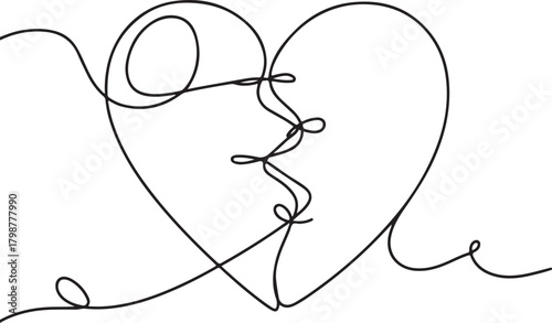 Continuous line art illustration of stitched broken heart for emotional and symbolic design