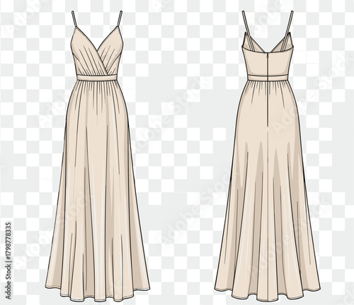 Elegant women’s sleeveless maxi dress fashion vector with deep V neckline, crossover bodice, flowing flared skirt, detailed technical flat front and back illustration