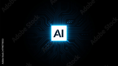 Concept of Artificial Intelligence. AI Chip with a circuit board on a futuristic background. AI hardware or CPU. Symbolizes technological advancement and an AI computer agent. Vector illustration.