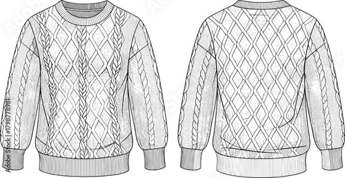 Detailed front and back knit sweater fashion illustration, hand drawn cable pattern jumper technical sketch for winter apparel design, clothing vector template artwork