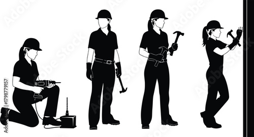 Female construction workers performing various tasks in silhouette, using tools, drilling, hammering, working with equipment, professional labor workforce illustration for industry and safety themes