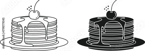 Vector Illustration of a Stack of Pancakes on a Plate Topped with Dripping Syrup and a Cherry, Presented in Both Line Art Outline and Solid Black Silhouette