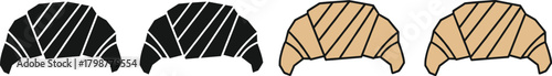Versatile Vector Icon Set of a Croissant Pastry with Striped Texture, Presented in Solid Black Silhouette, Outline, and Color Variations for Bakery Menus