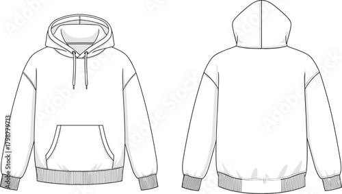 Front and back view hoodie mockup, blank sweatshirt template, unisex pullover design, drawstring hood, kangaroo pocket, ribbed cuffs hem, fashion apparel illustration