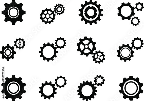 Stylized Black Gear Icons Set for Engineering, Mechanics, and Industrial Design Projects