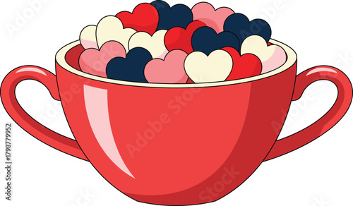 Vibrant Vector Illustration of a Wide, Two-Handled Red Cup Filled to the Brim with Small Multicolored Heart Shapes, Perfect for Valentine's Day and Romance Concepts