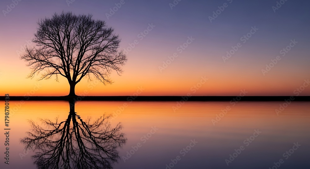 Fototapeta premium A serene silhouette of a majestic bare tree stands perfectly reflected in still water, capturing the breathtaking colors of a tranquil dawn or twilight sky, evoking peace and natural beauty