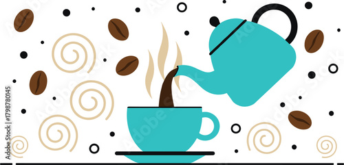 Abstract Coffee Pouring Vector Illustration Modern Flat Design Style with Beans and Swirls