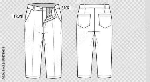 Men’s pants technical flat sketch front and back view, fashion CAD illustration, apparel design template for garment production pattern, clothing industry blueprint