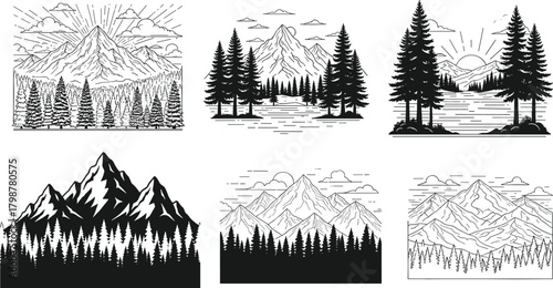 Mountain forest landscape illustration set with pine trees and sunrise, vintage wilderness nature artwork bundle, outdoor adventure graphic design collection