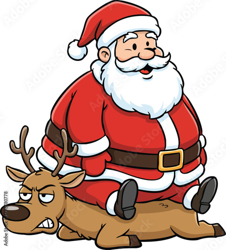 Funny fat Santa Claus sitting on a grumpy flattened reindeer - Christmas cartoon illustration