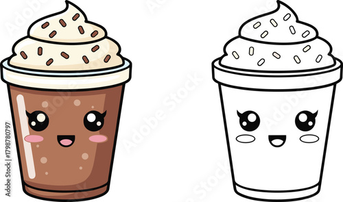 Adorable Kawaii Style Vector Illustration of an Iced Coffee or Chocolate Drink in a Takeaway Cup Topped with Whipped Cream and Sprinkles, in Color and Outline