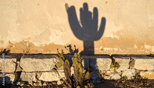 Shadow Play: A Cactus Silhouette on an Adobe Wall Evokes Desert Serenity