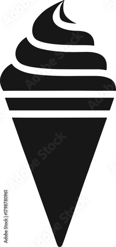 Bold Solid Black Vector Icon of a Soft Serve Ice Cream or Frozen Yogurt Swirl in a Waffle Cone, Ideal for Summer Menus and Dessert Shop Logos