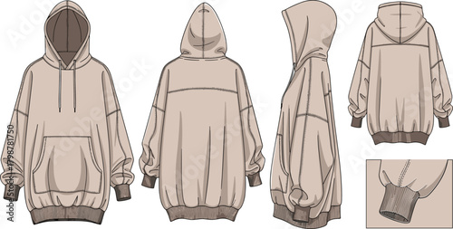 Oversized streetwear hoodie front back side fashion flat sketch template, technical clothing illustration, unisex casual apparel vector, garment design mockup