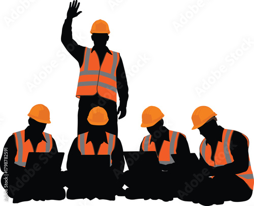 Silhouette construction team wearing safety vests and helmets working together on laptops with one worker standing and guiding group for teamwork and training concepts
