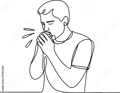 Continuous line person coughing with hand near mouth illustration for medical and healthcare design