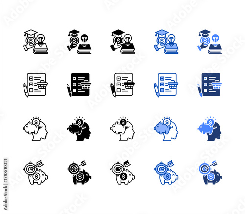 Financial literacy, Grocery list, Savings, Goal setting multiple style icon set.