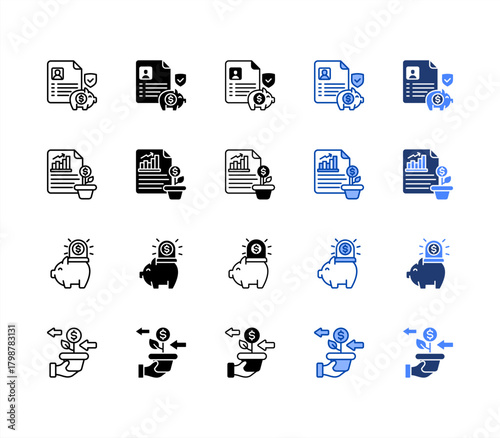 Saving account, Investment, Emergency fund, Investment return multiple style icon set.