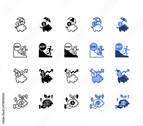 Emergency savings, Debt, Savings plan, Piggy bank multiple style icon set.