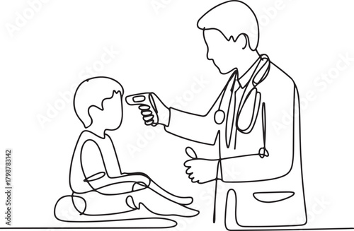 Continuous line pediatrician checking child temperature illustration for medical and healthcare design