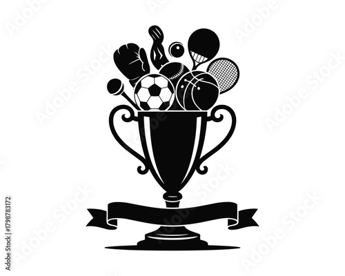 Trophy cup filled with sports equipment, symbol of victory and achievement