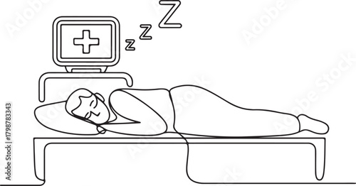 Continuous line person sleeping with medical monitor illustration for healthcare and patient care design