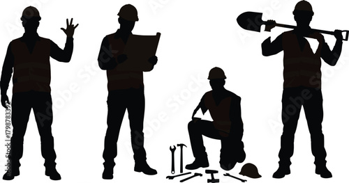 Silhouette construction workers with safety gear holding tools, reading plans, posing with shovel, and working on site equipment for industrial labor and workplace concepts